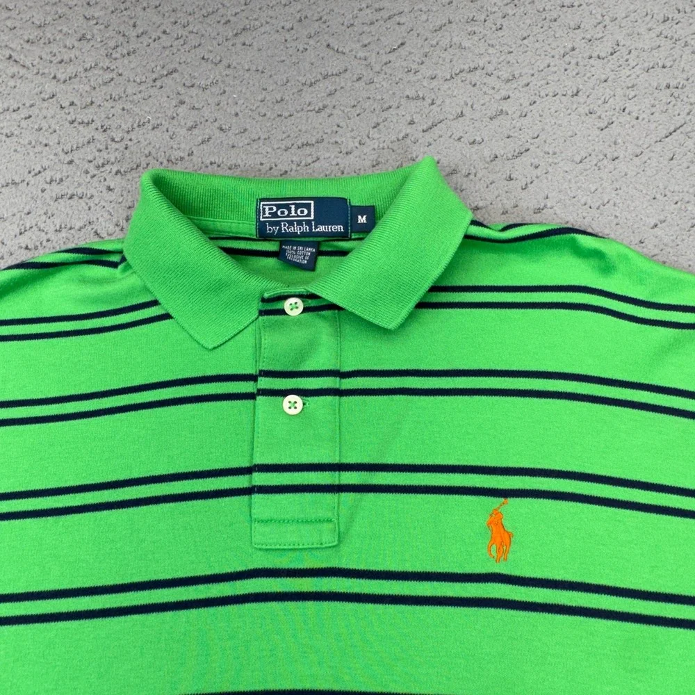 Ralph Lauren Polo Shirt Mens Medium Green Striped Orange Pony Preppy Casual
